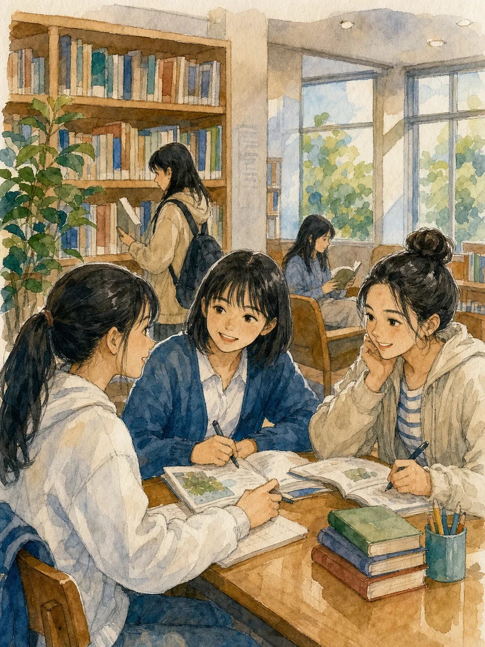 放課後を過ごす日本人女子高校生（手描き水彩）。女子高校生、放課後、友達、青春の記事向け素材です。