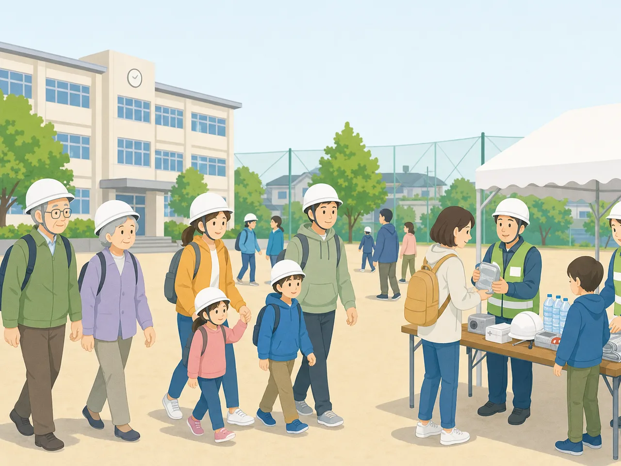 防災の日に訓練する日本人住民（フラットイラスト）。防災の日、防災訓練、地域、備えの記事向け素材です。
