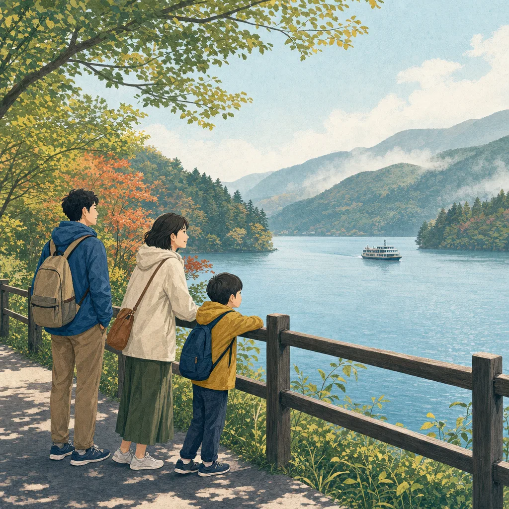 箱根の湖畔を歩く日本人旅行者（編集記事向け）。箱根、温泉旅行、湖、国内旅行の記事に使える素材です。