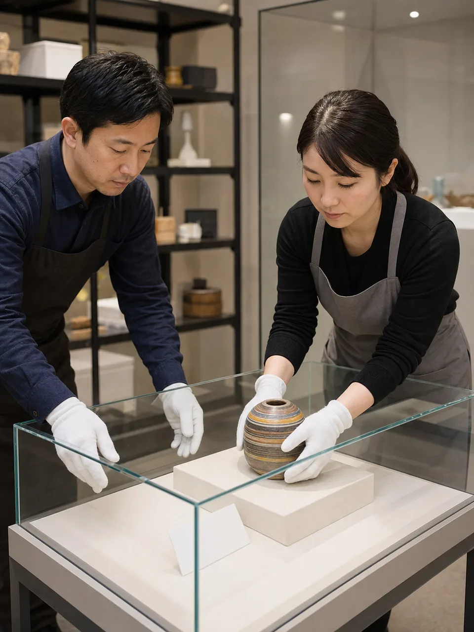 展示準備をする日本人学芸員（自然な縦位置写真）。学芸員、博物館、美術館、展示企画の記事向け素材です。
