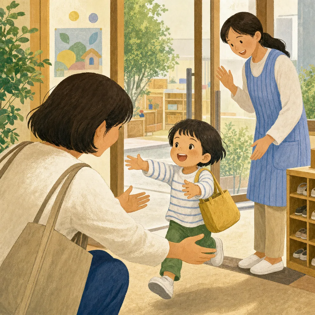 保育園へ迎えに行く日本人保護者（編集記事向け）。保育園送迎、子育て、共働き、保育士の記事向け素材です。