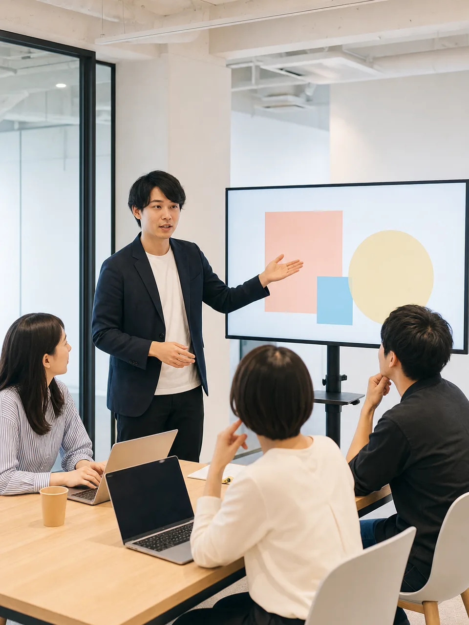 事業提案を練習する日本人スタートアップ（自然な縦位置写真）。ピッチ練習、事業提案、スタートアップ、起業の記事や案内に使える商用素材です。