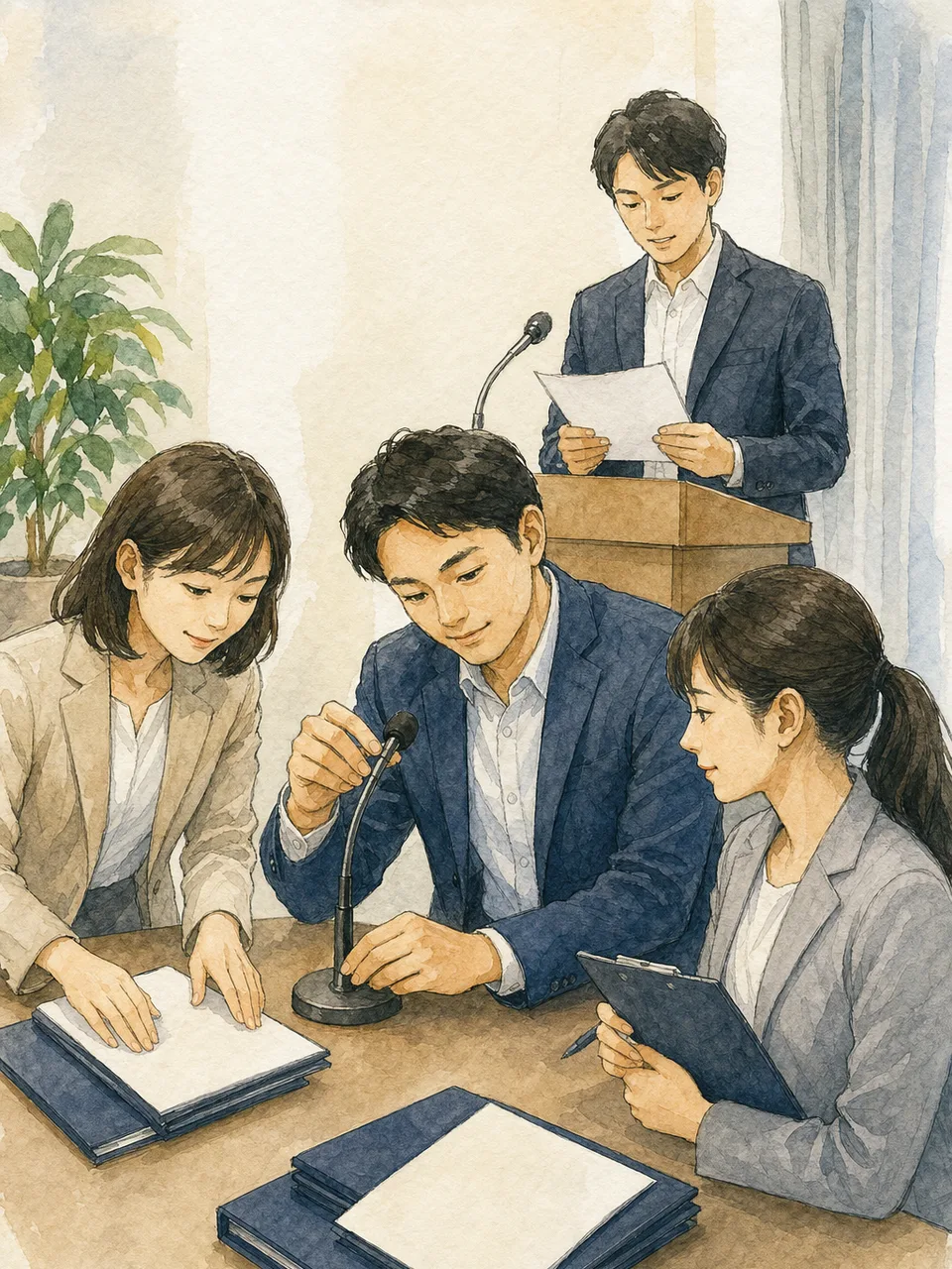 発表準備をする日本人広報担当者（手描き水彩）。広報担当者、プレス対応、情報発信、企業広報の記事向け素材です。