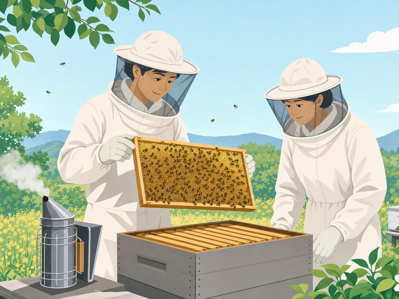 ミツバチを世話する日本人養蜂家（フラットイラスト）。養蜂、ミツバチ、蜂蜜、受粉の記事や案内に使える商用素材です。