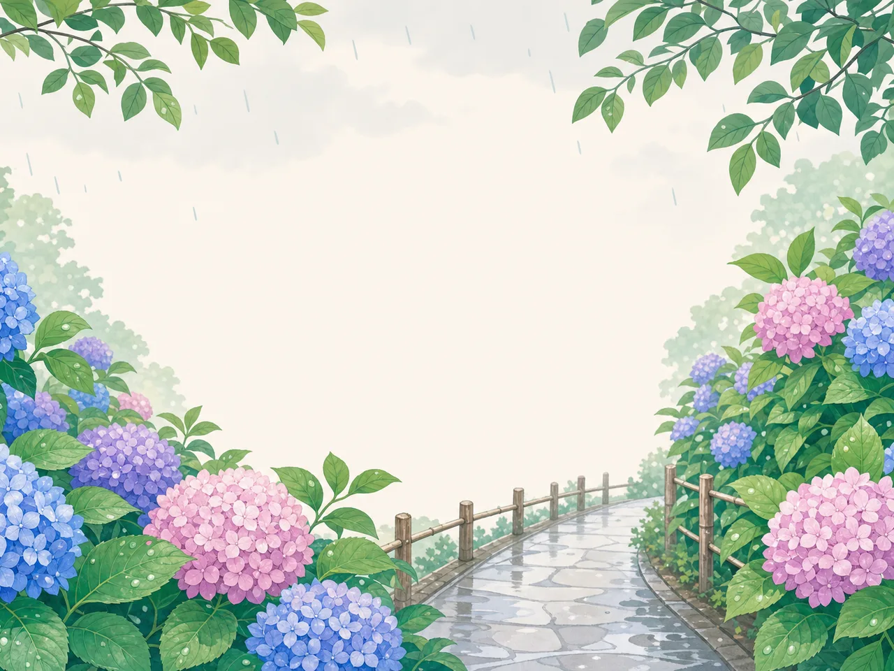 梅雨に咲く日本のあじさい園（フレームイラスト）。あじさい園、紫陽花、梅雨、花の風景向け素材です。