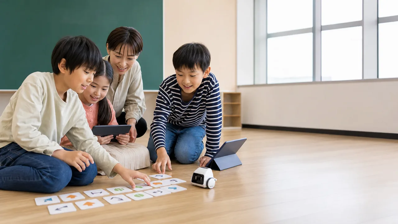 プログラミングを学ぶ日本の子どもたち（横長・コピースペース）。プログラミング教育、STEAM、学習教室の紹介に使える素材です。