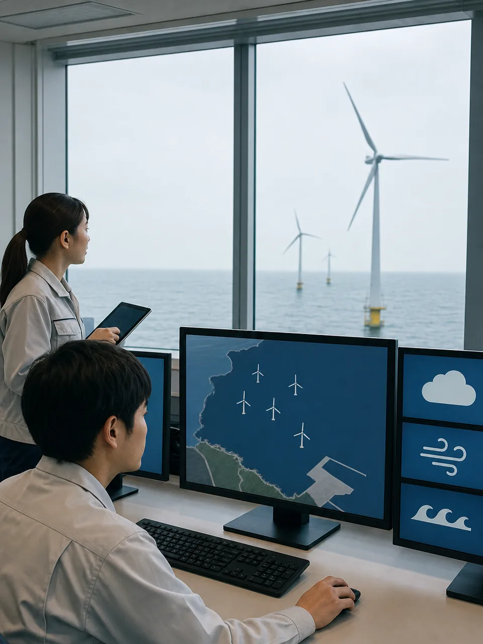 洋上風力発電を監視する日本人技術者（自然な縦位置写真）。洋上風力発電、再生可能エネルギー、風力発電、設備監視の記事や案内に使える商用素材です。
