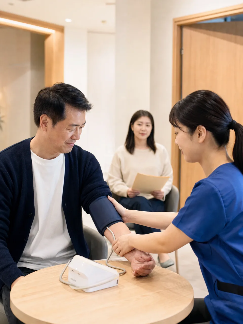人間ドックを受ける日本人（自然な縦位置写真）。人間ドック、健康診断、予防医療、企業健診の記事向け素材です。