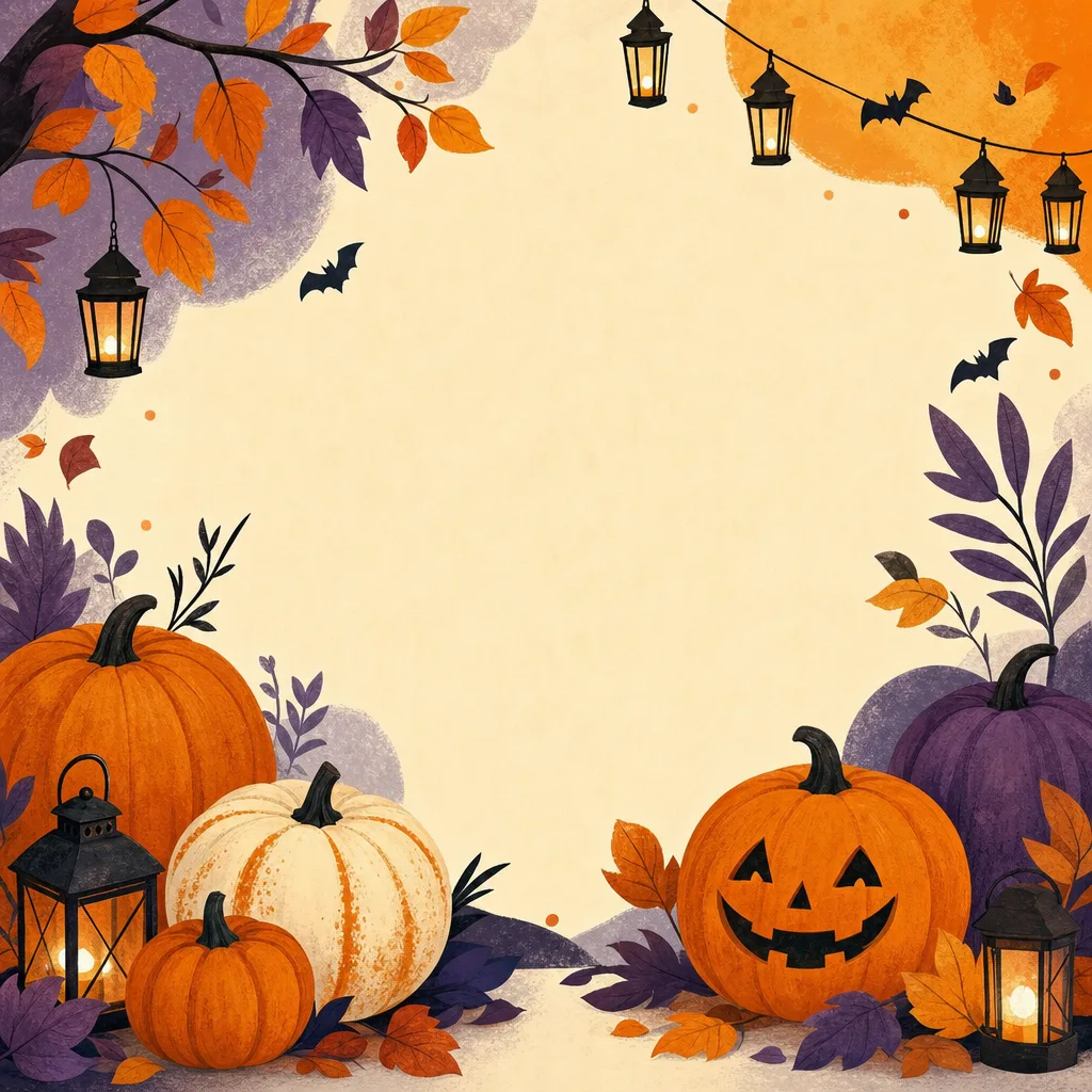 ハロウィンの余白背景（正方形デザイン）。イベント告知やSNS投稿に文字を配置しやすい、親しみやすいハロウィン背景です。