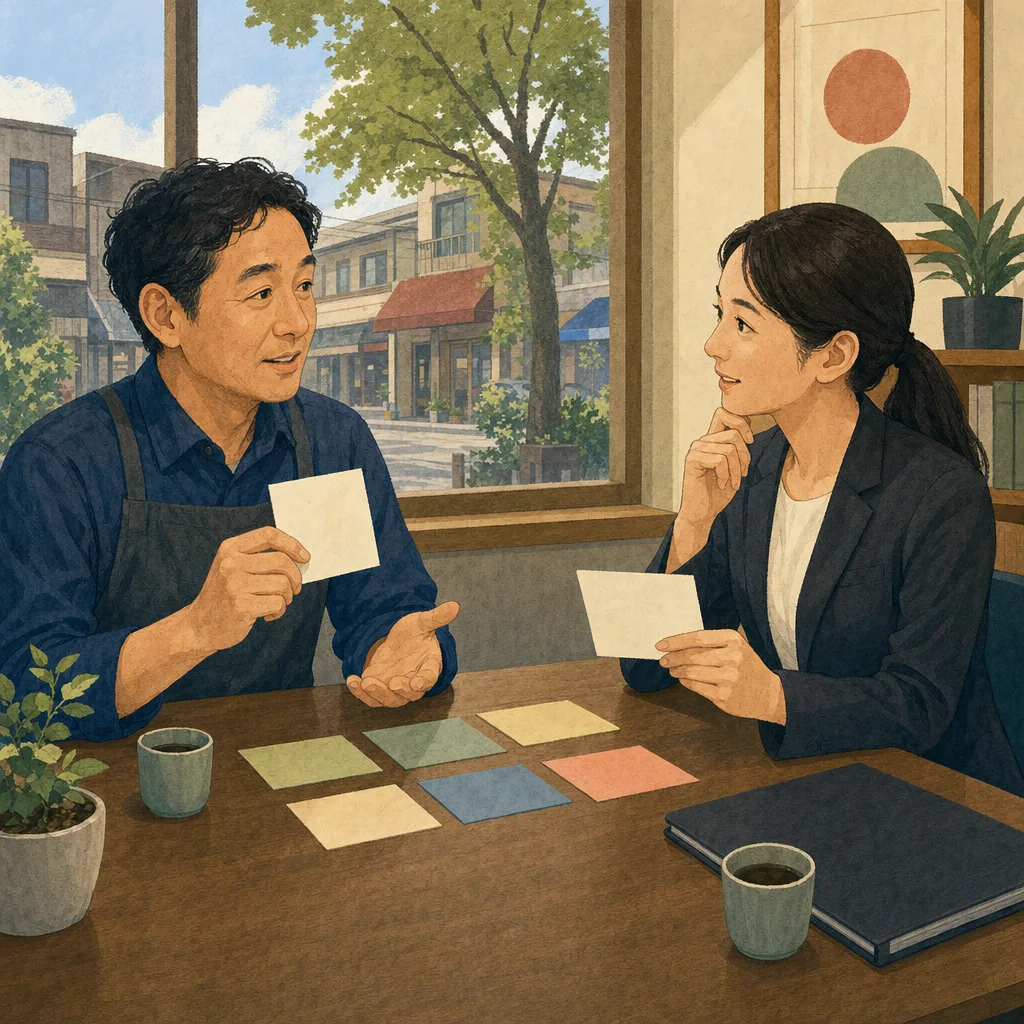地域金融機関で相談する日本人事業者（編集記事向け）。地域金融、信用金庫、事業相談、中小企業支援の記事や案内に使える商用素材です。