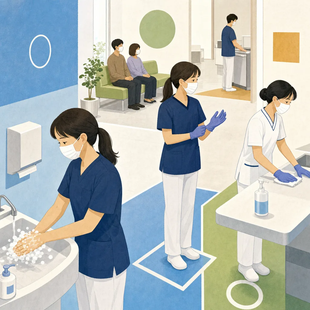 感染対策を確認する日本人医療チーム（編集記事向け）。院内感染対策研修、手指衛生研修、感染対策、医療安全の記事や案内に使える商用素材です。