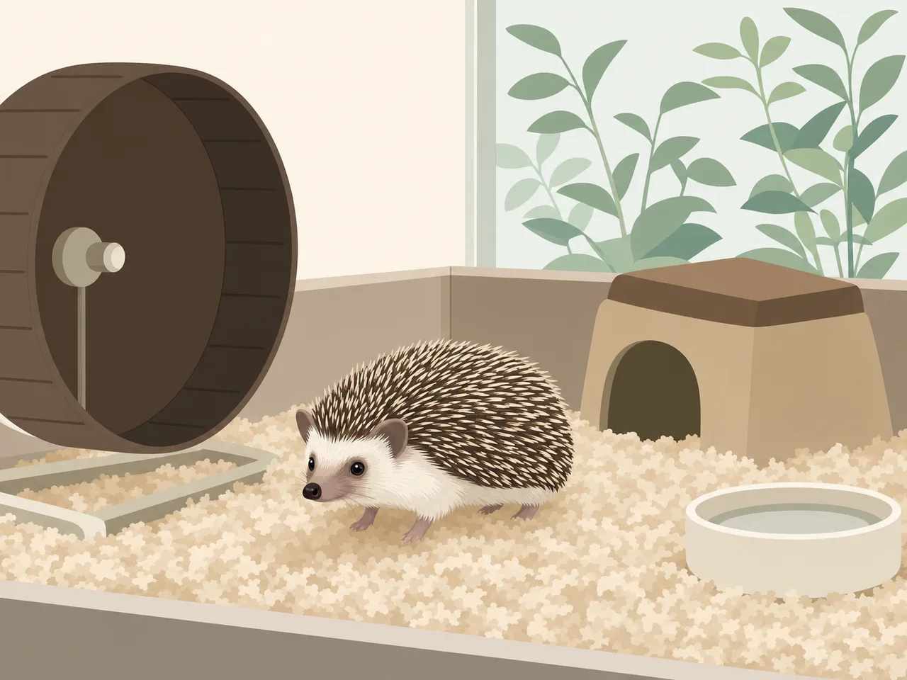 適切な環境で暮らすハリネズミ（フラットイラスト）。ハリネズミ、小動物、ペット、飼育環境の記事や案内に使える商用素材です。