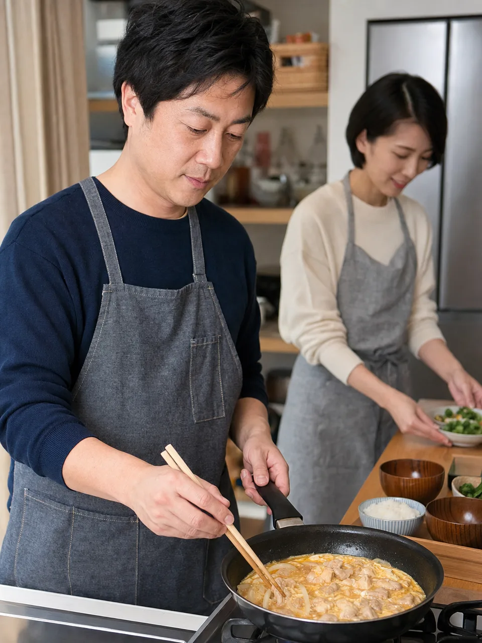 親子丼を作る日本人（自然な縦位置写真）。親子丼、丼料理、家庭料理、昼食の記事向け素材です。