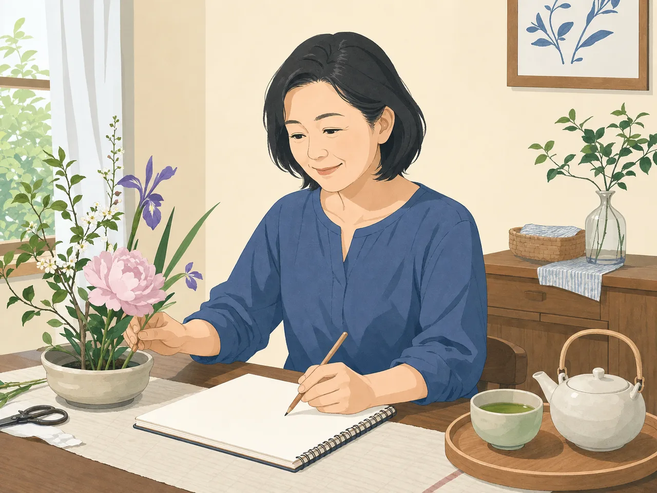 自分の時間を楽しむ日本人の中年女性（フラットイラスト）。中年女性、日常生活、趣味、ウェルビーイングの記事向け素材です。