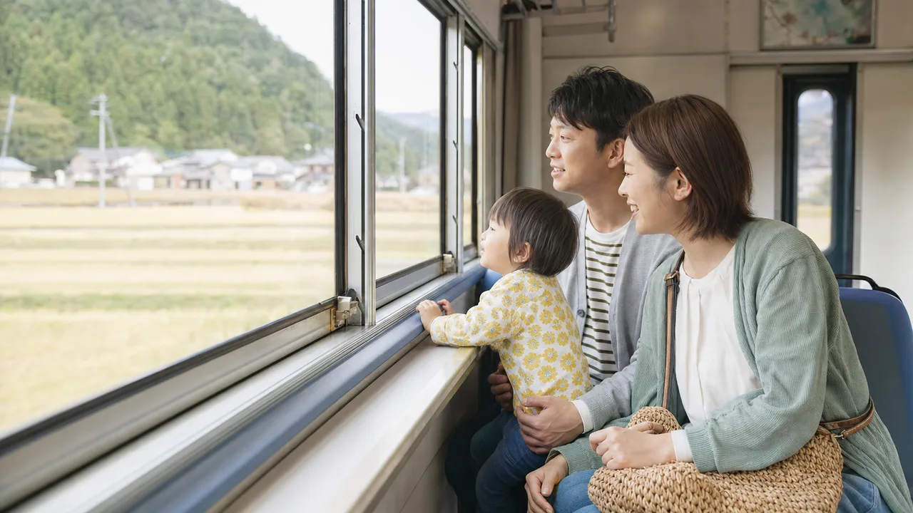 家族で出かけるローカル線の旅（横長・コピースペース）。国内旅行、地域観光、親子のお出かけ記事に使える、日本の鉄道旅行素材です。