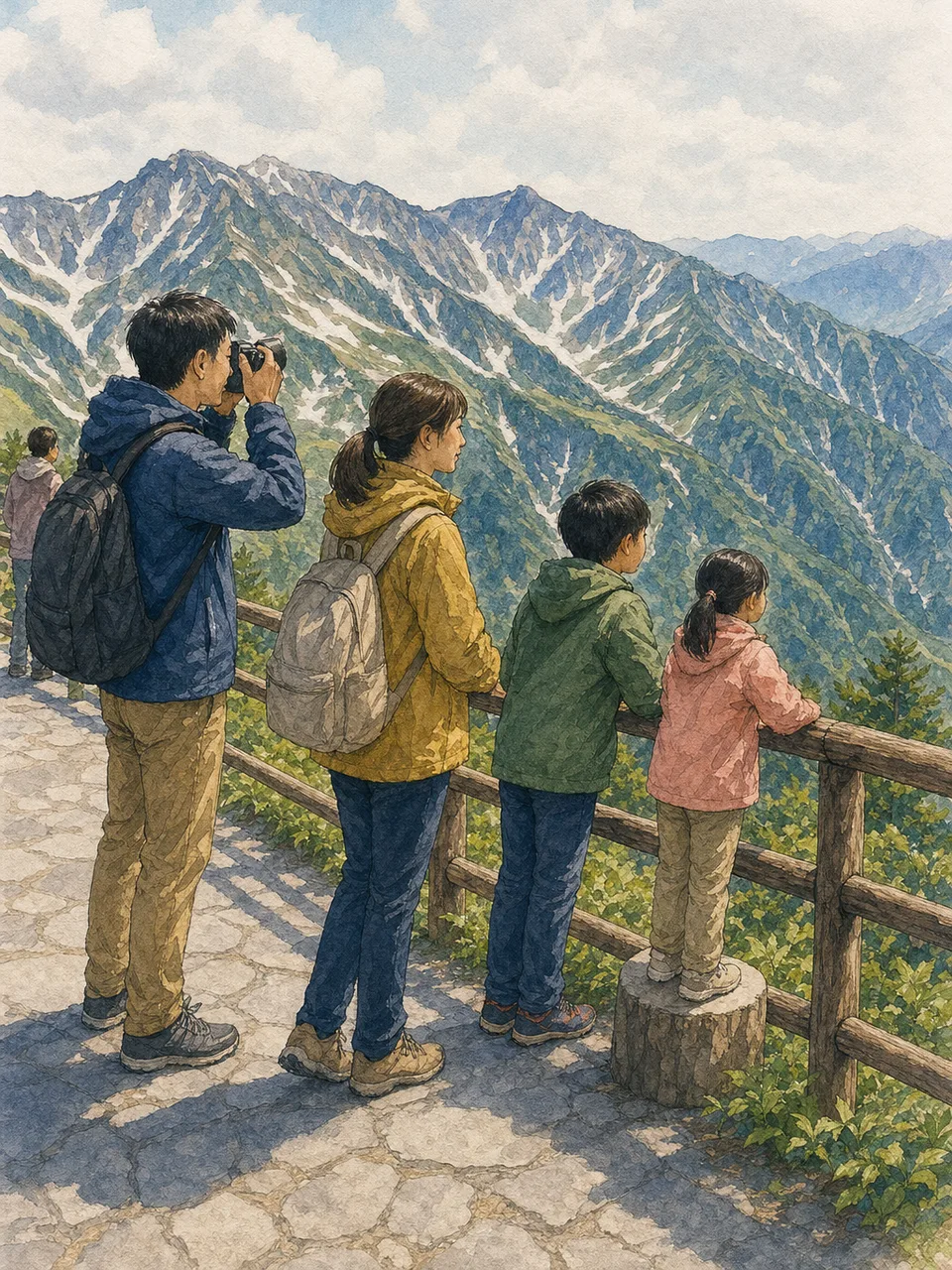 富山の山岳景観を楽しむ旅行者（手描き水彩）。富山旅行、立山、山岳観光、北陸旅行の記事や案内に使える商用素材です。