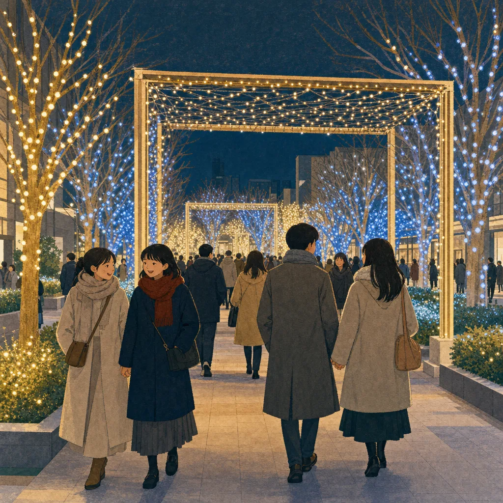 冬のイルミネーションを楽しむ日本人（編集記事向け）。冬のイルミネーション、夜景、冬、外出の記事向け素材です。