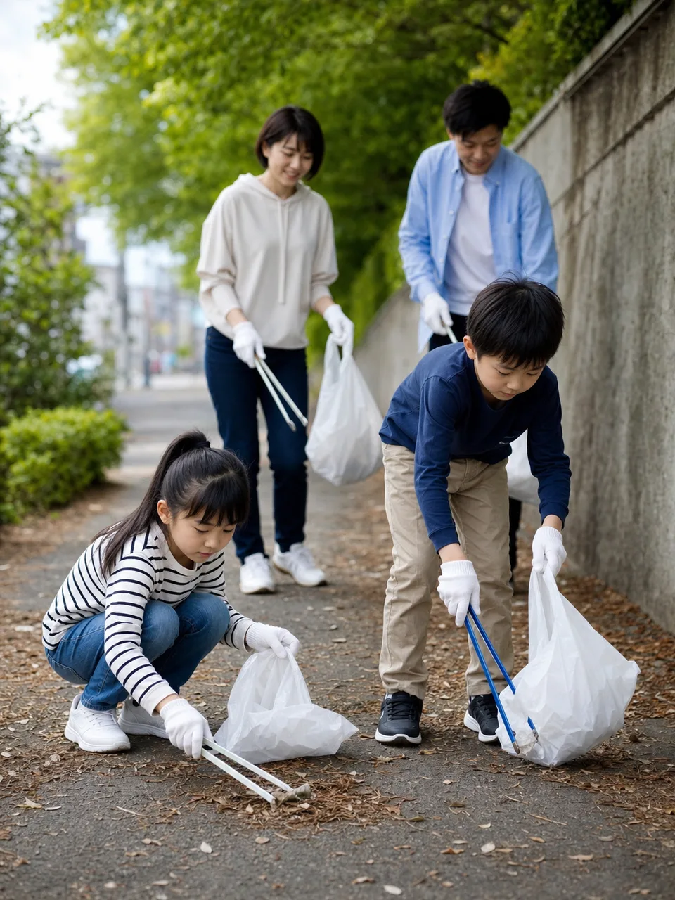 地域清掃に参加する日本人住民（自然な縦位置写真）。地域清掃、ボランティア、環境美化、地域交流の記事向け素材です。
