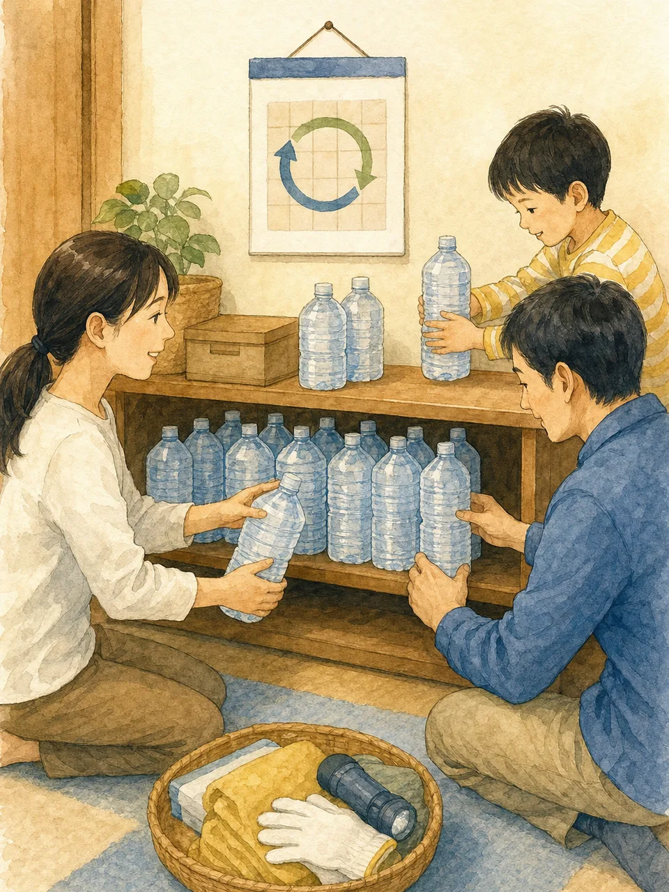 家庭の備蓄水を管理する日本人（手描き水彩）。備蓄水、家庭備蓄、防災、ローリングストックの記事や案内に使える商用素材です。
