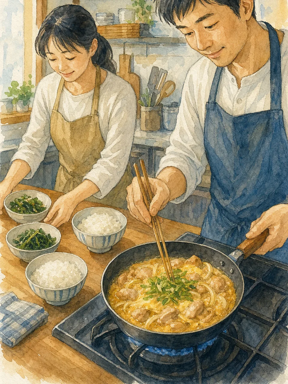 親子丼を作る日本人（手描き水彩）。親子丼、丼料理、家庭料理、昼食の記事向け素材です。