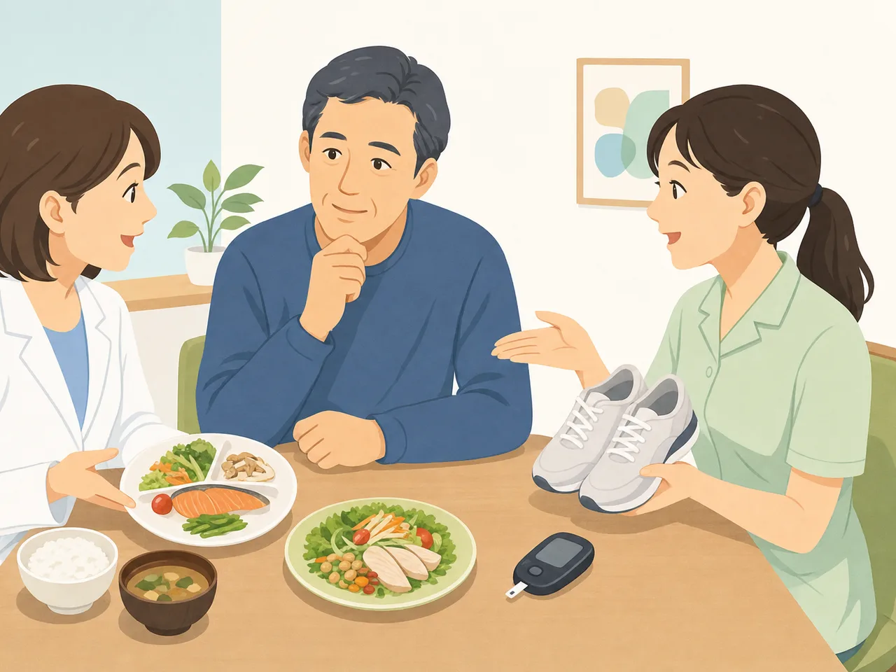 糖尿病の生活管理を学ぶ日本人（フラットイラスト）。糖尿病、生活習慣、食事相談、健康管理の記事向け素材です。
