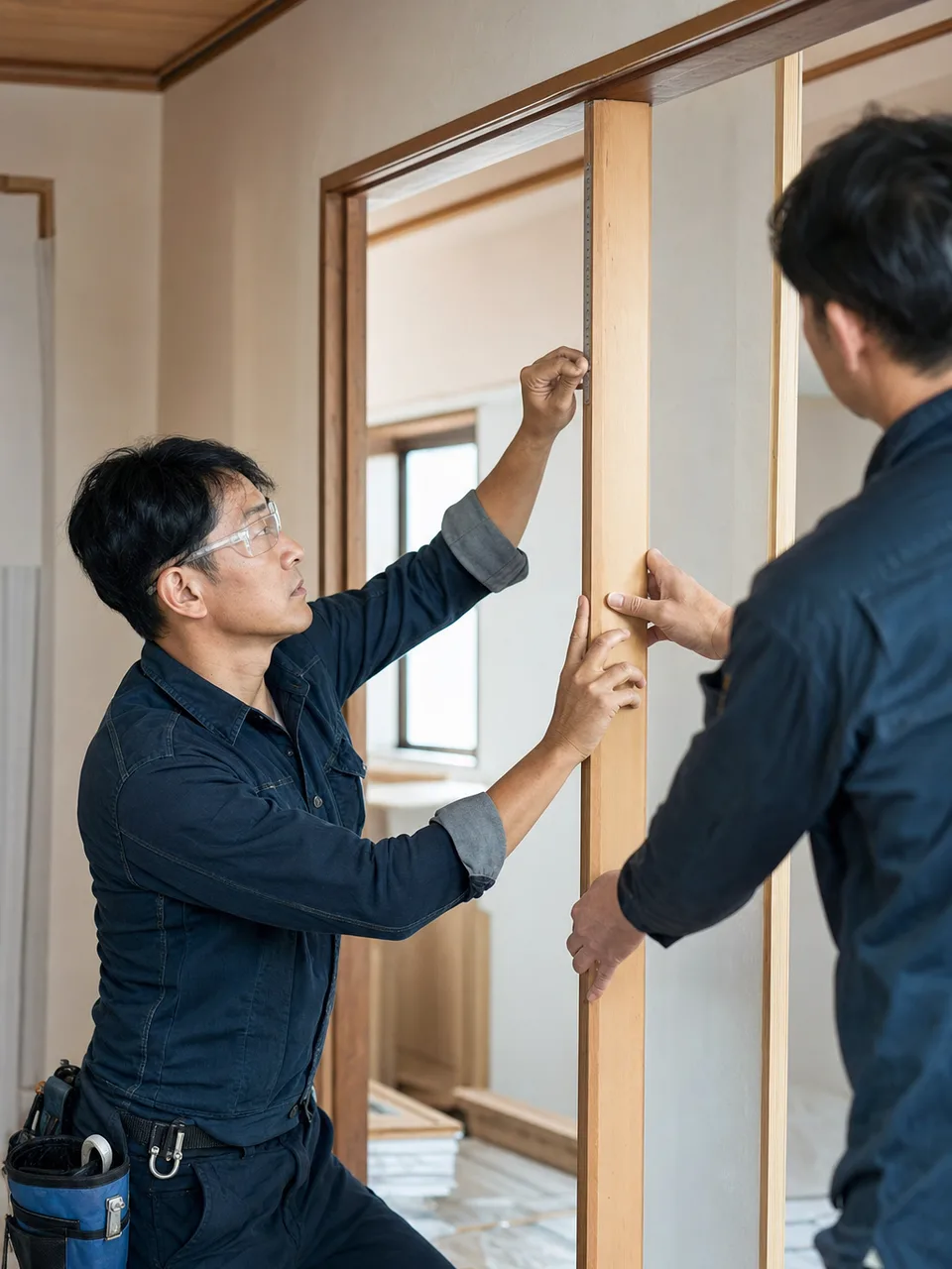 住宅を改修する日本人大工（自然な縦位置写真）。大工、リフォーム、木工、住宅建築の記事に使える職人素材です。