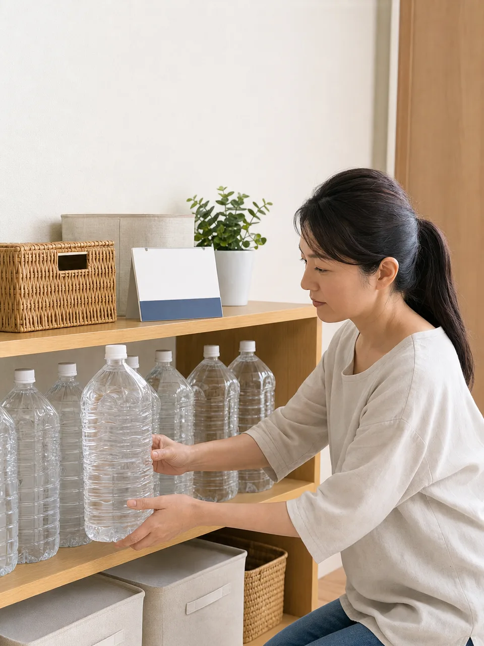 家庭の備蓄水を管理する日本人（自然な縦位置写真）。備蓄水、家庭備蓄、防災、ローリングストックの記事や案内に使える商用素材です。