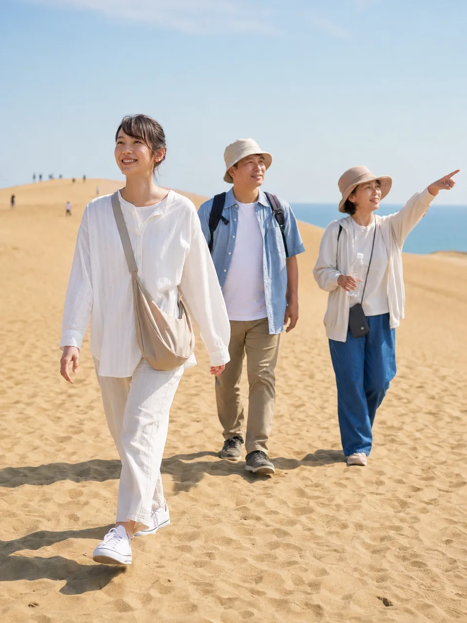 鳥取の砂丘を歩く旅行者（自然な縦位置写真）。鳥取旅行、鳥取砂丘、山陰旅行、砂丘の記事や案内に使える商用素材です。