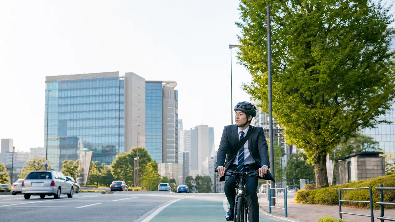 自転車で通勤する日本人会社員（横長・コピースペース）。自転車通勤、健康、環境、都市交通の記事向け移動素材です。