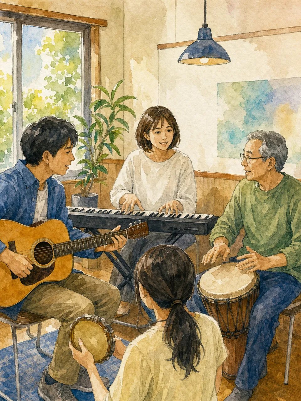 演奏を練習する日本人音楽家（手描き水彩）。音楽家、演奏、リハーサル、文化活動の記事に使える素材です。