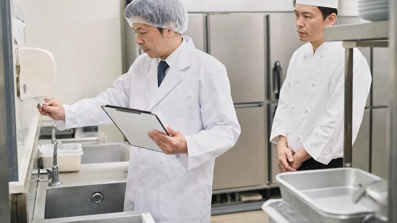 食品衛生を確認する日本人監視員（横長・コピースペース）。食品衛生監視員、食品衛生、厨房点検、保健所の記事や案内に使える商用素材です。