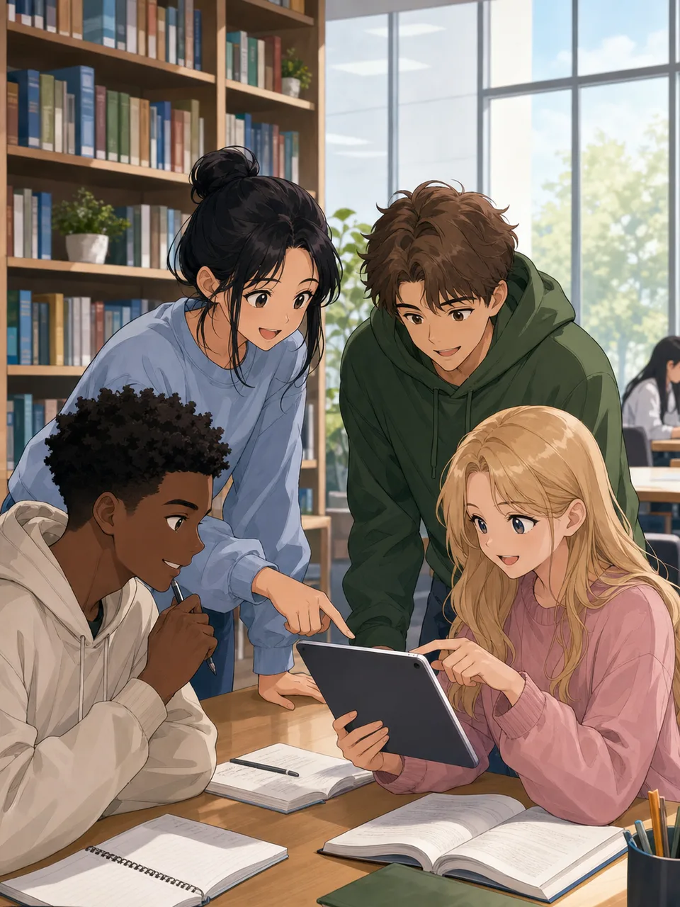 勉強する学生のアニメ風イラスト（アニメ風・縦位置）。教育、学習、受験の記事やアプリに使える、完全オリジナルのアニメ風学生素材です。
