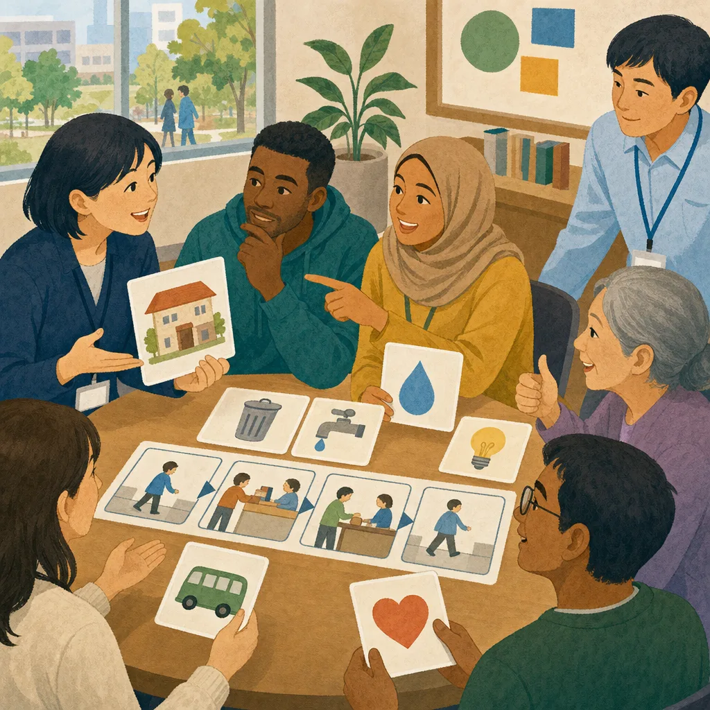 やさしい日本語を学ぶ地域の日本人（編集記事向け）。やさしい日本語、多文化コミュニケーション、自治体研修、外国人住民の記事や案内に使える商用素材です。