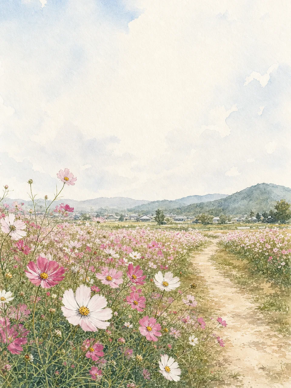 秋のコスモス畑の背景（水彩フレーム）。コスモス畑、秋、花畑、自然背景に使える素材です。