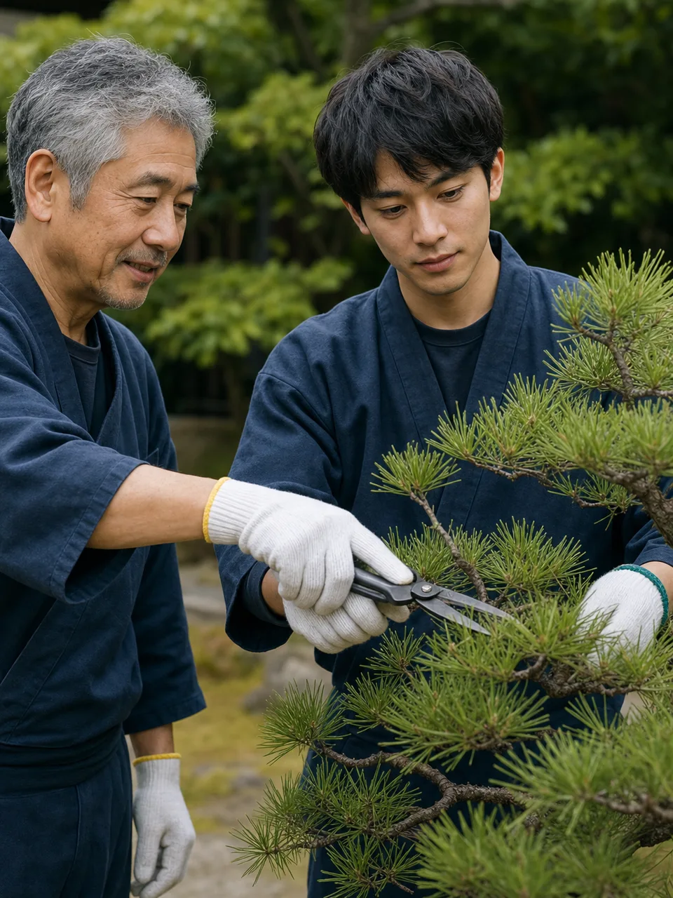 日本庭園の手入れを学ぶ日本人（自然な縦位置写真）。庭木剪定を学ぶ、日本庭園の手入れ、日本庭園、庭木剪定の記事や案内に使える商用素材です。