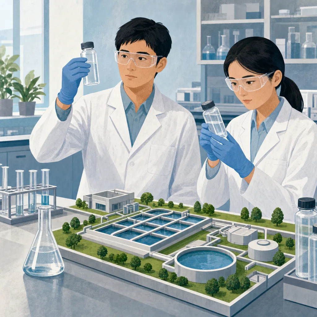 排水処理を分析する日本人技術者（編集記事向け）。排水処理、水処理、環境分析、水質検査の記事や案内に使える商用素材です。