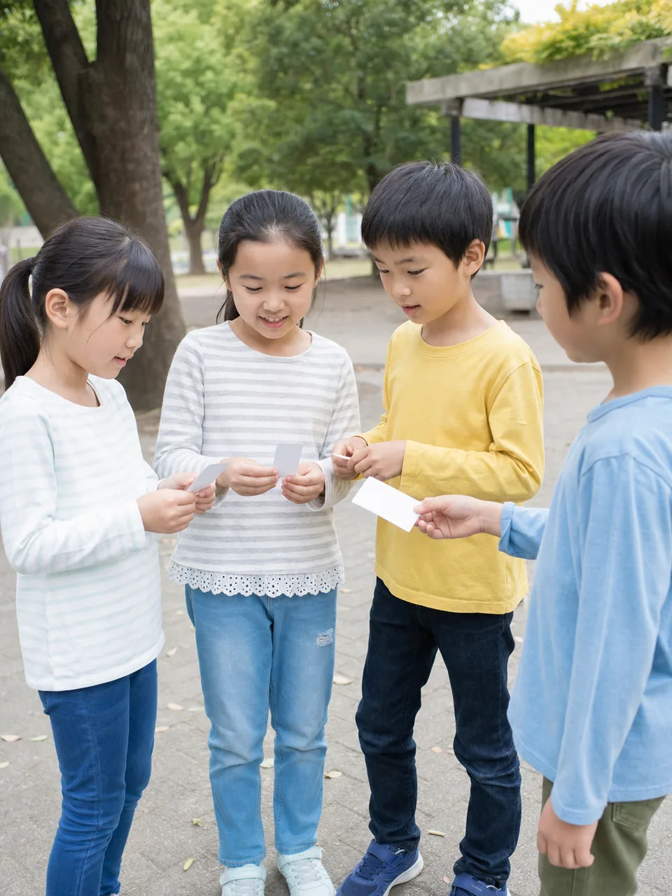 遊ぶ日本人小学生の友達（自然な縦位置写真）。小学生の友達、友情、外遊び、子どもの記事向け素材です。