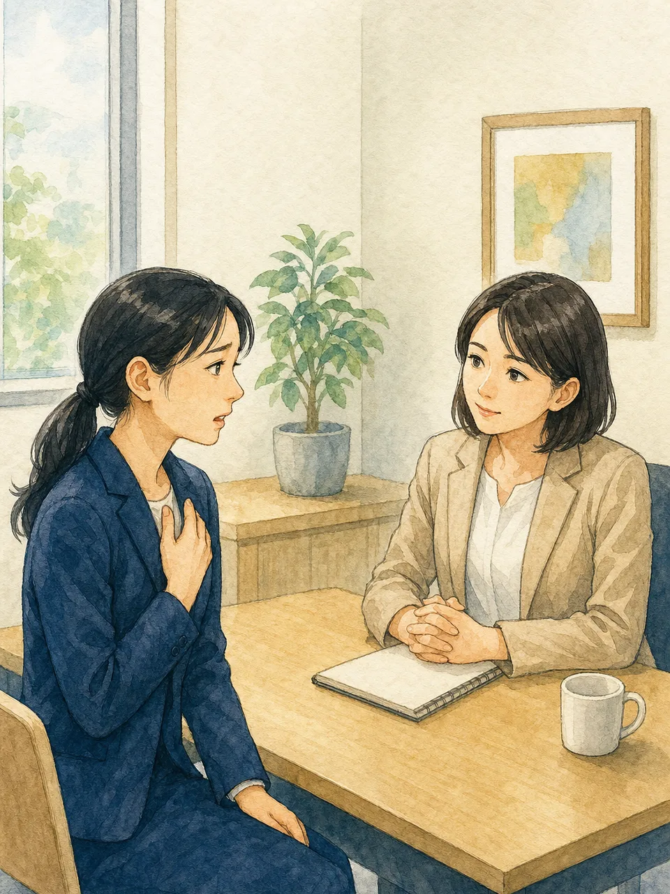 職場の悩みを相談する会社員（手描き水彩）。ハラスメント対策、社内相談窓口、労務、メンタルケアの記事向け素材です。