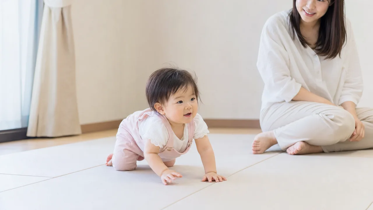 家でハイハイする日本人の赤ちゃん（横長・コピースペース）。ハイハイ赤ちゃん、乳児、成長、子育ての記事向け素材です。