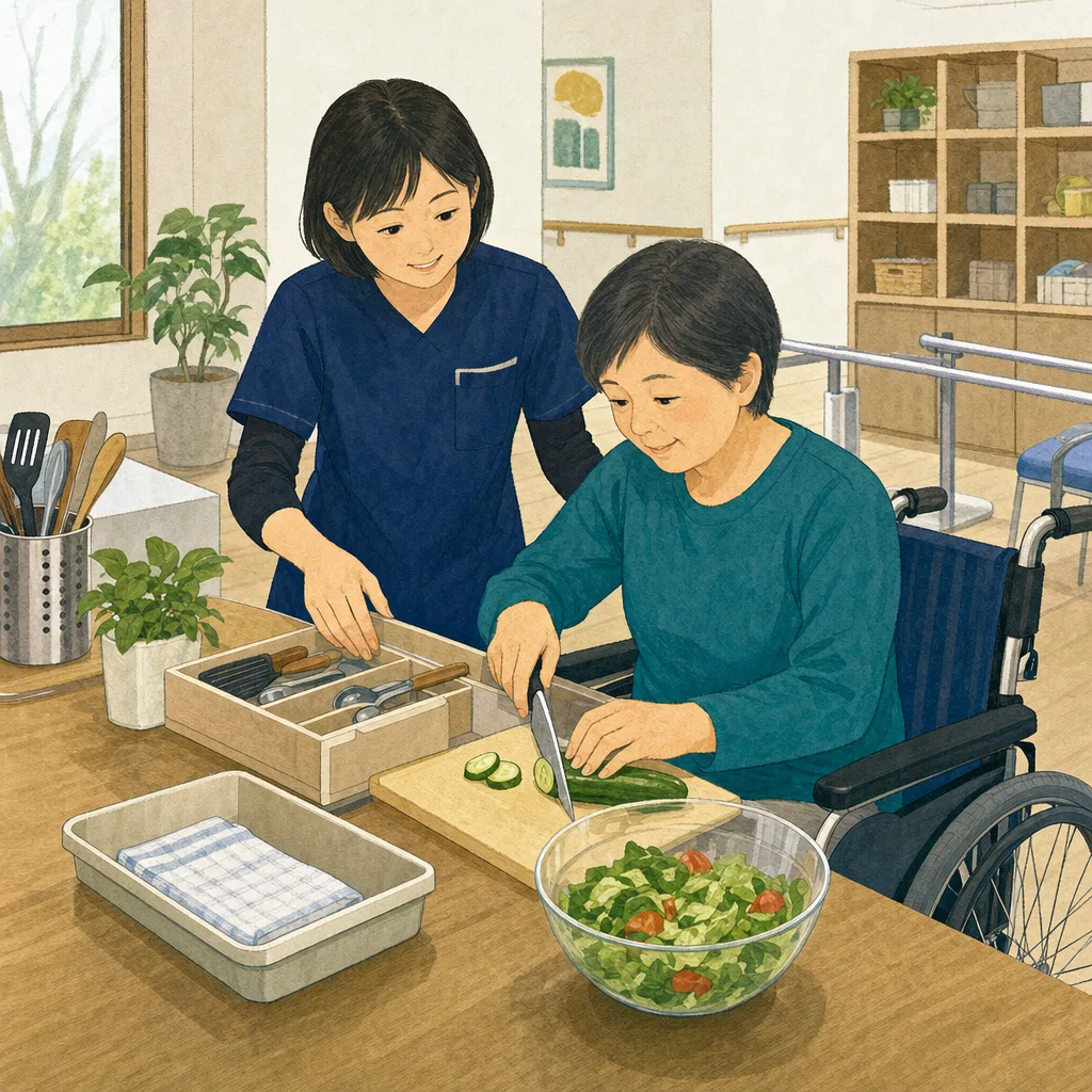 生活動作を支援する日本人作業療法士（編集記事向け）。作業療法士、リハビリ、生活動作、自立支援の記事向け素材です。
