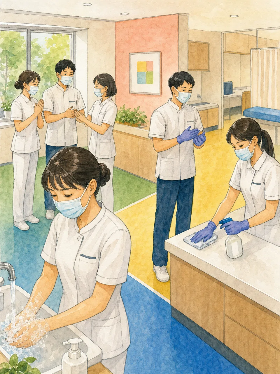 感染対策を確認する日本人医療チーム（手描き水彩）。院内感染対策研修、手指衛生研修、感染対策、医療安全の記事や案内に使える商用素材です。