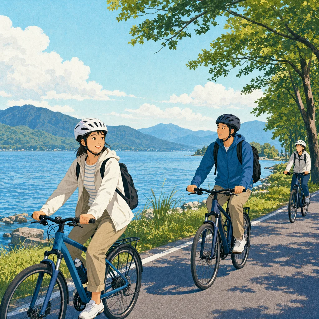 滋賀の琵琶湖畔を自転車で巡る旅行者（編集記事向け）。滋賀旅行、琵琶湖、サイクリング、自転車旅行の記事や案内に使える商用素材です。