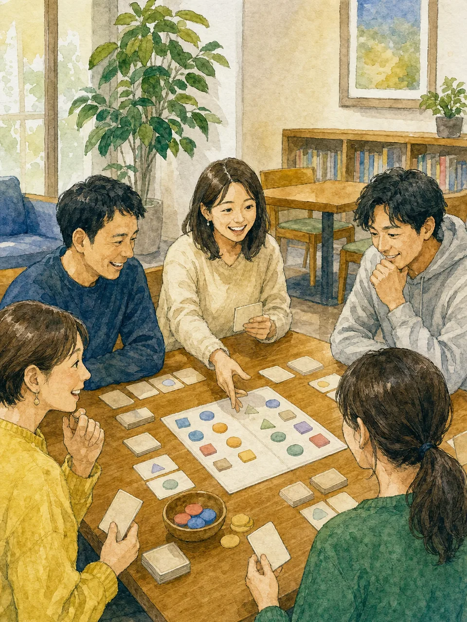 ボードゲームを楽しむ日本人の友達（手描き水彩）。男女の友達、友情、ボードゲーム、交流の記事向け素材です。