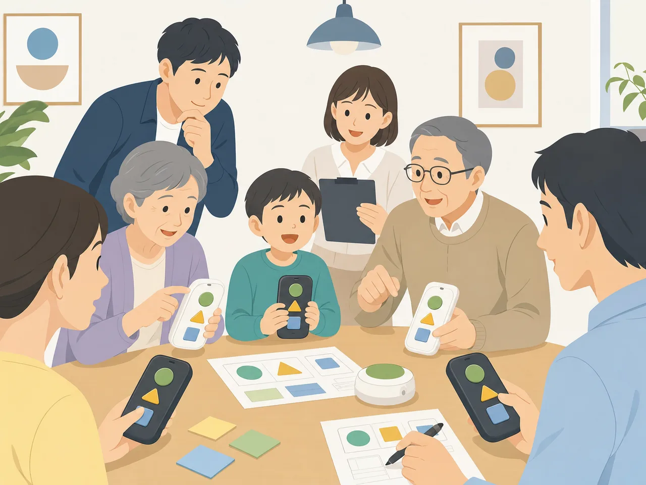 ユニバーサルデザインを評価する日本人利用者（フラットイラスト）。ユニバーサルデザイン、製品テスト、ユーザビリティ、高齢者の記事や案内に使える商用素材です。