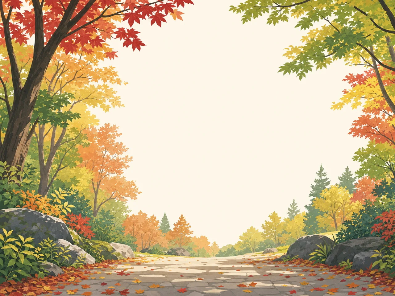 色づく日本の秋の森（フレームイラスト）。秋の森、紅葉、森林、季節の自然向け素材です。
