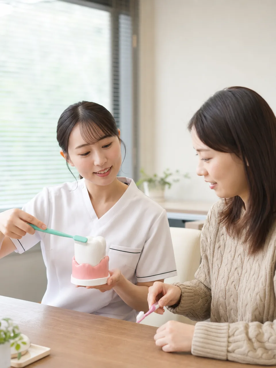 歯磨きを指導する日本人歯科衛生士（自然な縦位置写真）。歯科衛生士の歯磨き指導、ブラッシング指導、歯科衛生士、予防歯科の記事や案内に使える商用素材です。