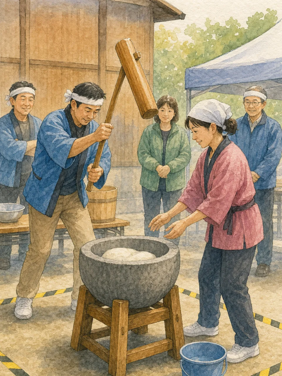 餅つきをする日本人地域住民（手描き水彩）。餅つき、正月準備、地域行事、伝統文化の記事や案内に使える商用素材です。