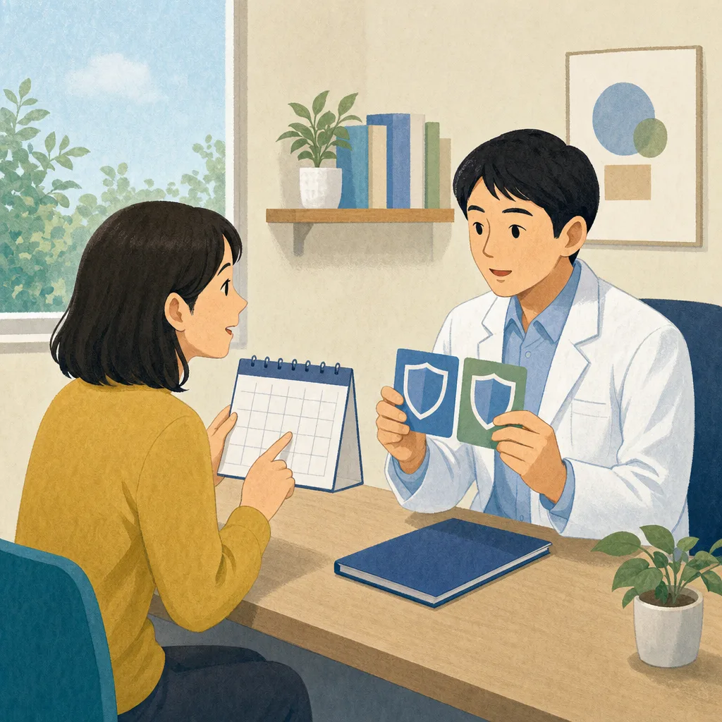 予防接種を相談する日本人成人（編集記事向け）。予防接種相談、ワクチン相談、成人予防接種、感染予防の記事や案内に使える商用素材です。