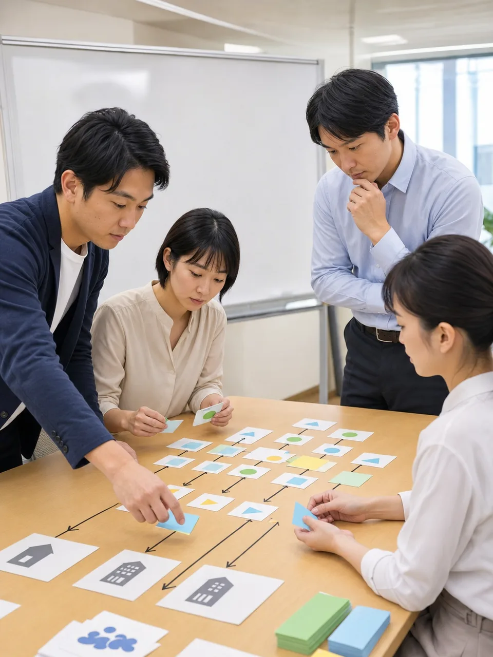 事業継続計画を作る日本人チーム（自然な縦位置写真）。事業継続計画、BCP、災害対策、リスク管理の記事や案内に使える商用素材です。