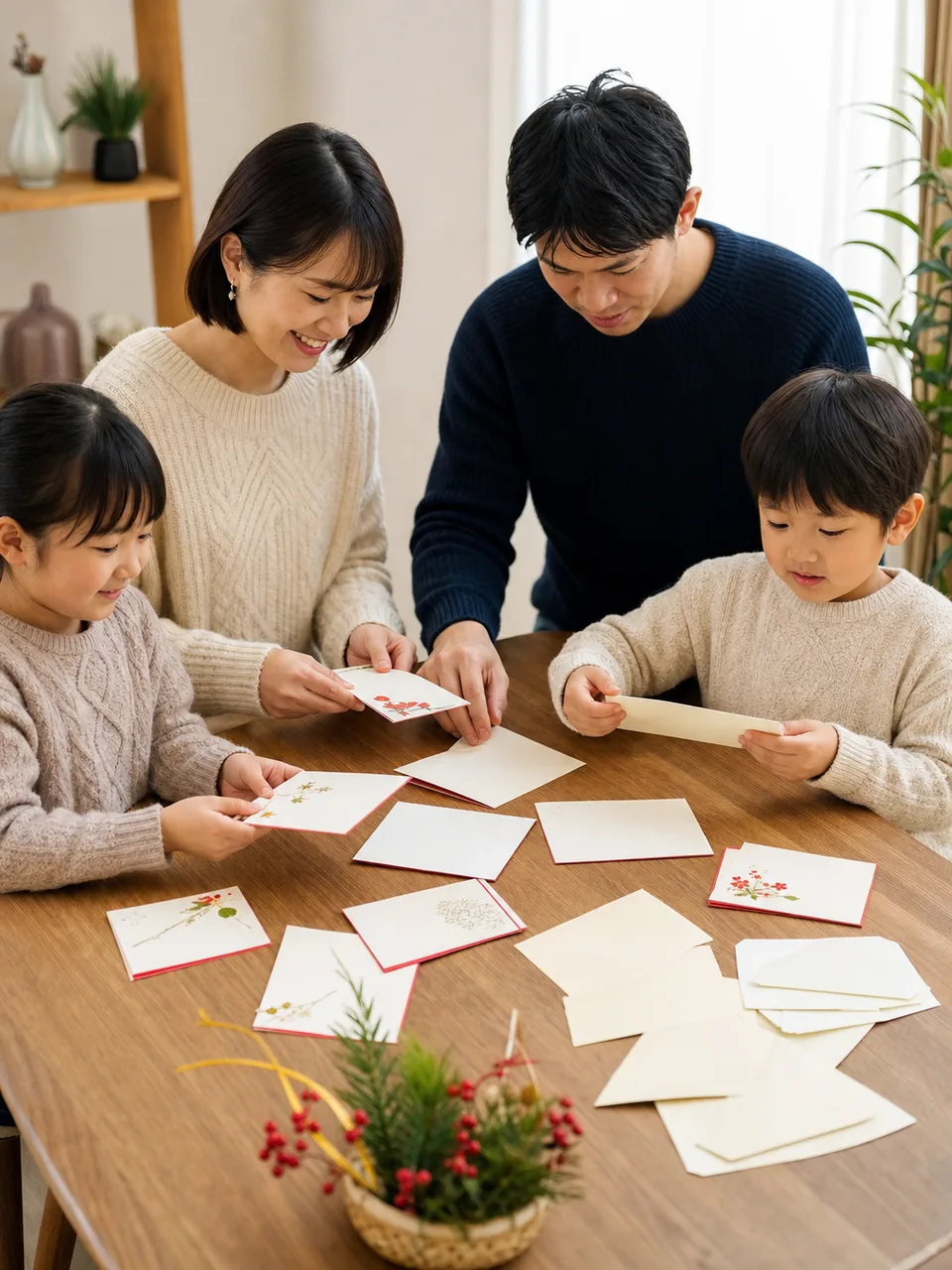 年賀状を準備する日本人家族（自然な縦位置写真）。年賀状、年末、挨拶、家族行事の記事向け素材です。